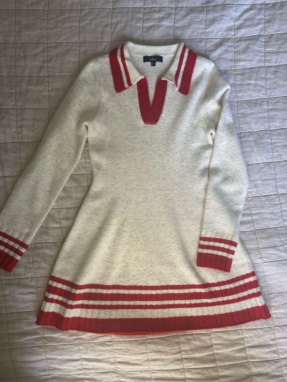 Lulus White and Red V-Neck Polo Knit Preppy Sweater Dress - Picture 3 of 6